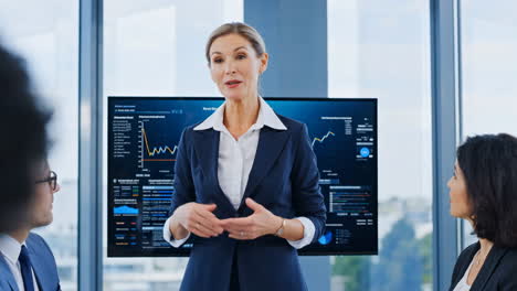 businesswoman presenting data and financial charts in a corporate meeting