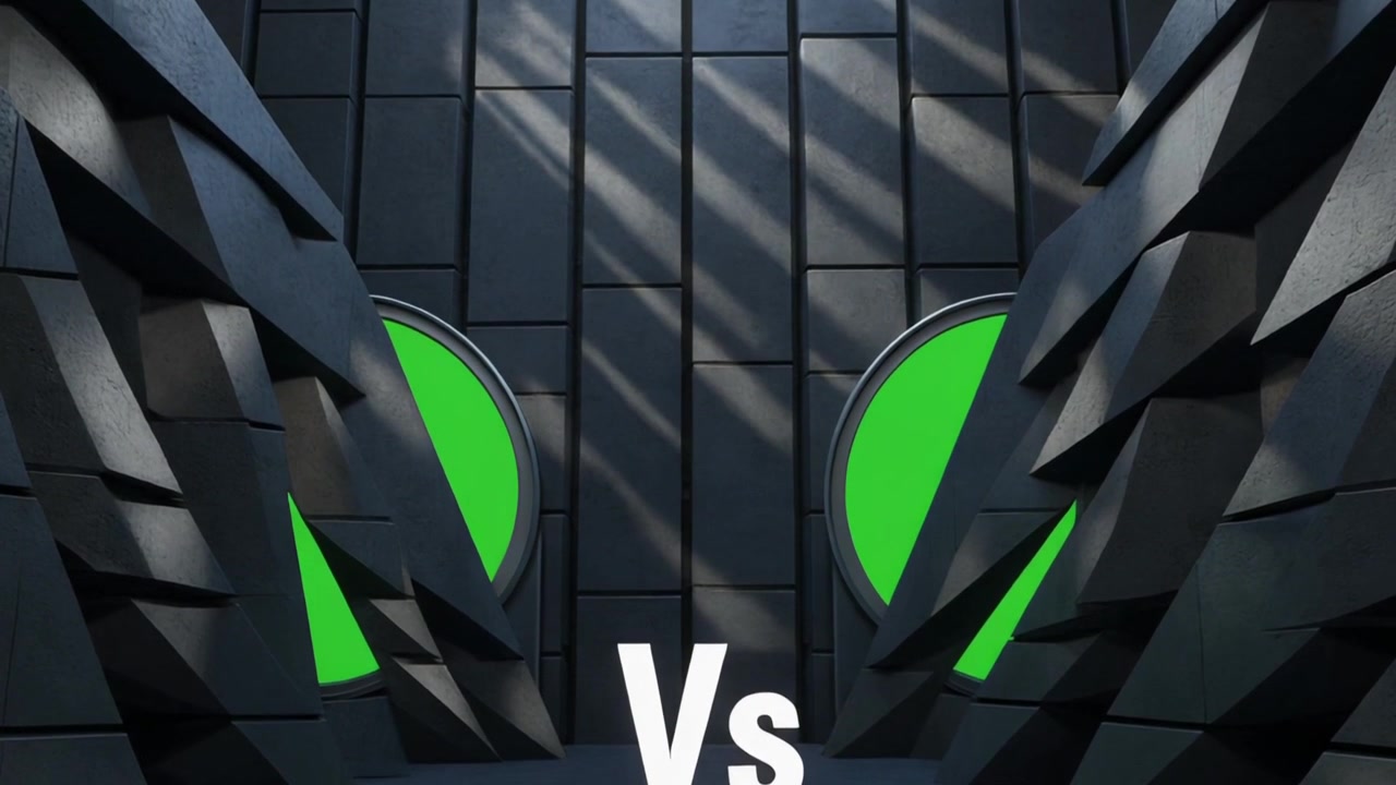 Versus-tekstin näyttö futuristisella pimeällä areenalla green screen -näyttöjen kanssa