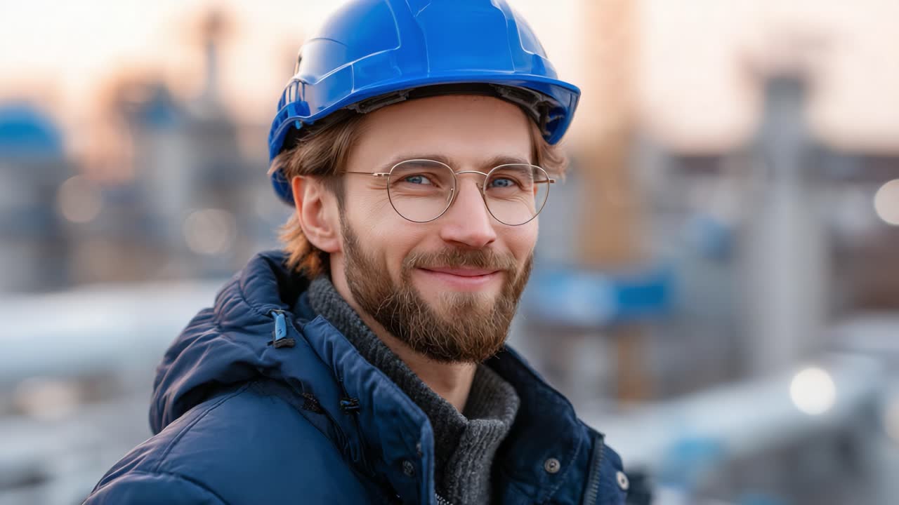 Cheerful Young Engineer in a Blue Hard Hat Smiles at the Camera Against a Blurred Industrial Background During Sunset