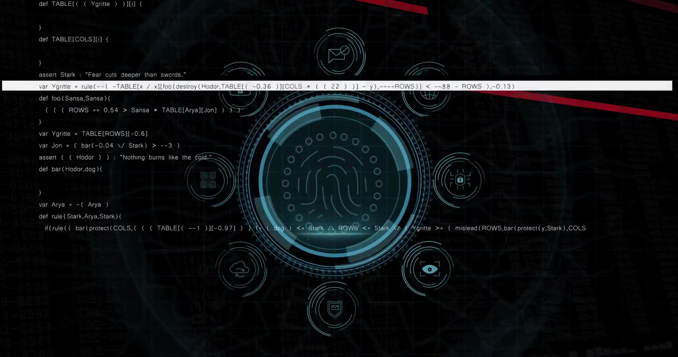 Shield fading starting HUD morphing into print ring, scanning, icons forming, showing data security