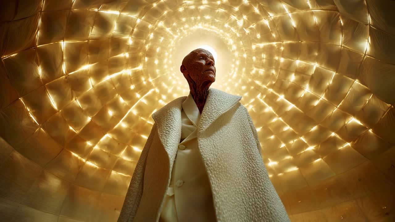 A Mystical Encounter: An Elegant Figure in a Radiant Environment Surrounded by Spiraling Lights Representing a Journey into the Heart of Enlightenment and Reflection