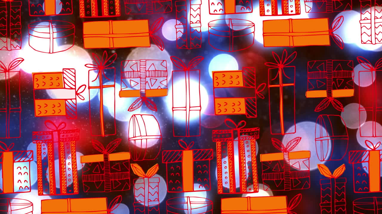 animación de múltiples iconos de regalos sobre manchas de luz brillantes contra un fondo negro.