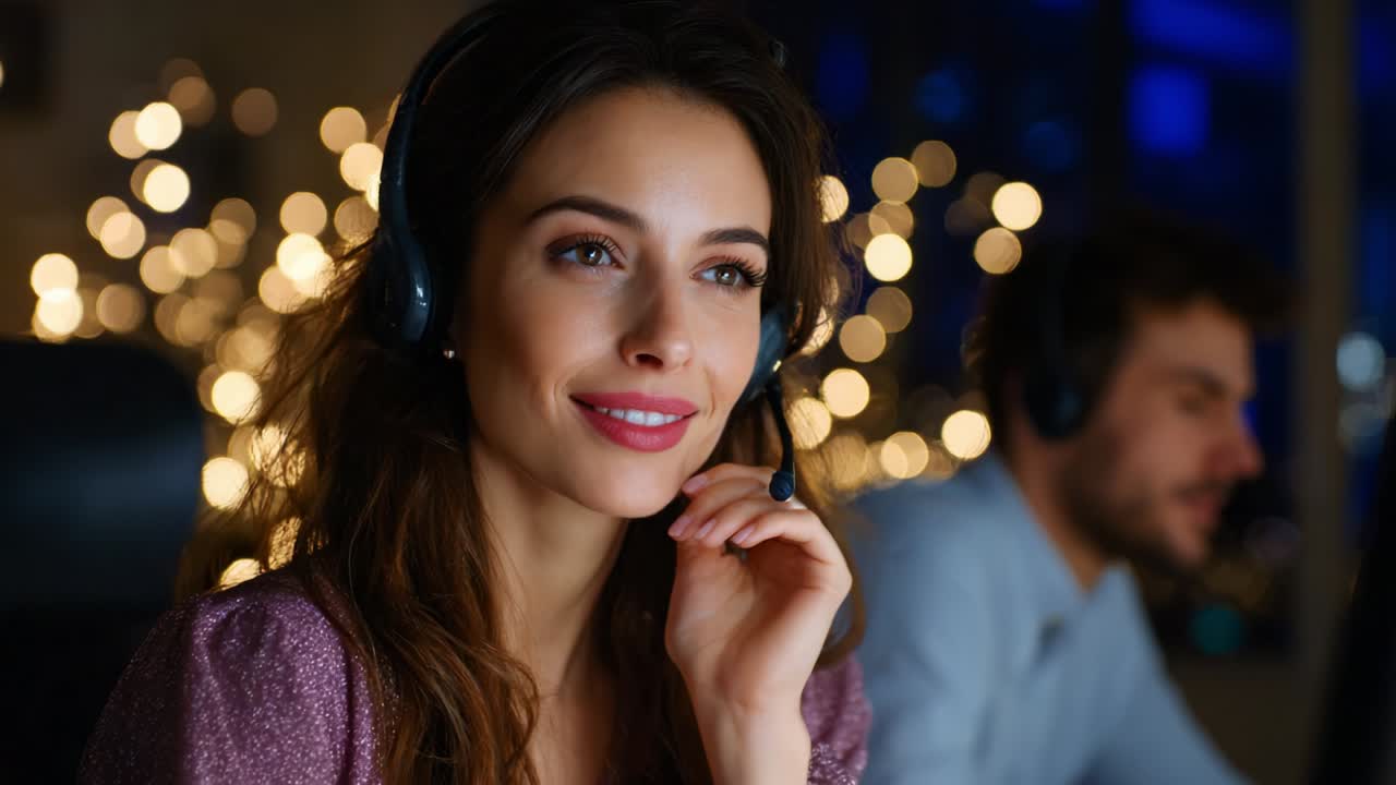 Engaged and Cheerful Female Operator Wearing a Headset in a Brightly Lit Call Center, Demonstrating Professionalism and Positivity in a Modern Work Environment Amidst a Festive Backdrop