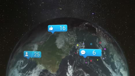 animación de iconos y números cambiantes en iconos de mensajes sobre el globo contra el espacio