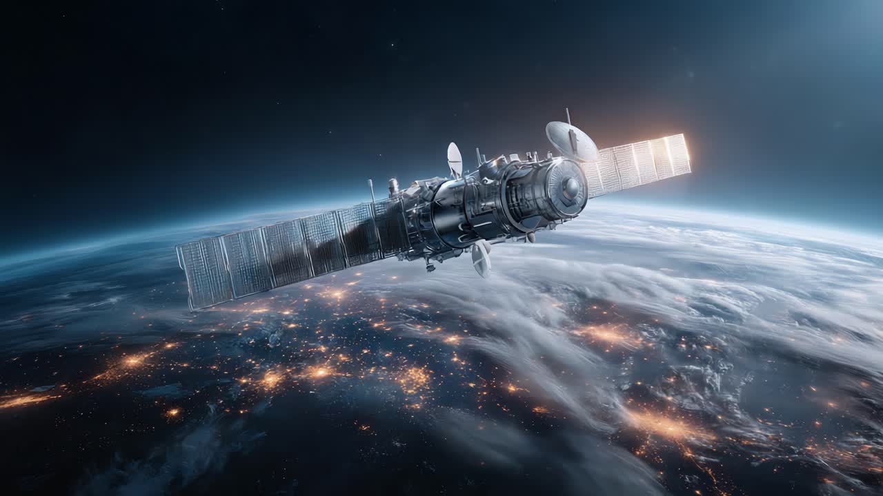 A Stunning View of a High-Tech Satellite Orbiting Earth, Capturing the Dynamic Interaction of Advanced Technology with the Beauty of Our Planet's Atmosphere and Lights Below