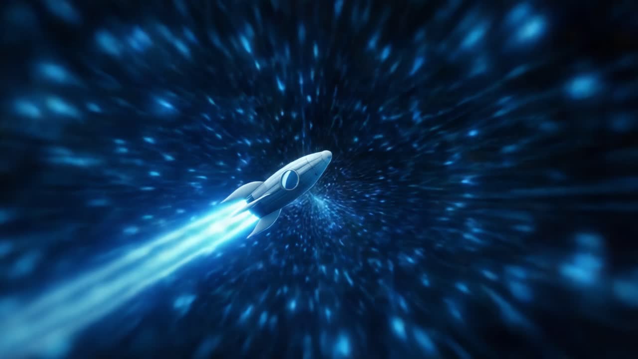 Cartoon rocket ship flying at warp speed through a futuristic blue light tunnel, representing fast interstellar travel, technological advancement, and the exciting journey into the unknown cosmos