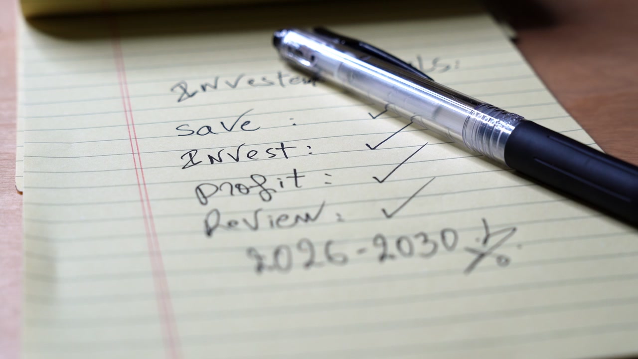 A close up view of a black pen resting on a yellow legal pad. The handwritten list shows financial goals including save, invest, and profit with checkmarks, sitting on a wooden desk indoors.