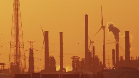 factory chimneys releasing thick smoke among wind turbines and pylons under hazy golden sky