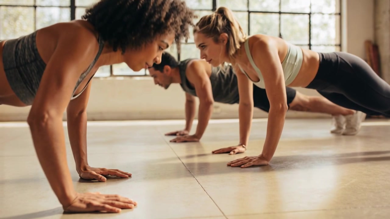 Tiga orang memulai posisi plank, lalu menurunkan dan menekan tubuh ke atas di studio untuk latihan dengan pakaian gym, botol, dan matras.
