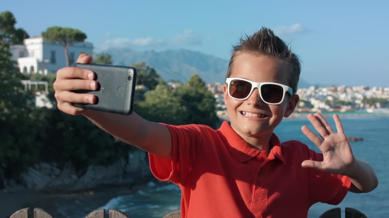 un chico alegre tomando una selfie con su celular afuera. un chico feliz haciendo muecas afuera.
