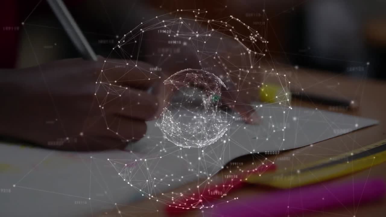 Animation of globe of network of connections over schoolchild writing