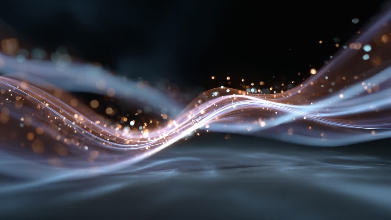 Captivating Flow of Light and Particles: An Enchanting Dance of Colorful Waves, Glimmers, and Tranquil Motion in a Dark Atmosphere