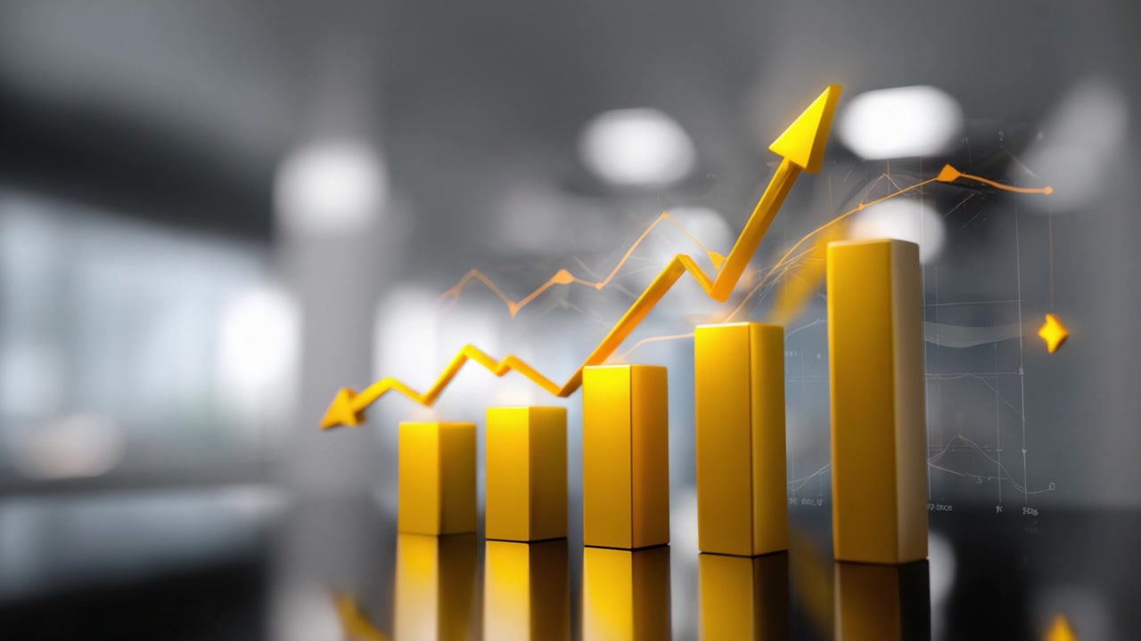 Visualizing Business Growth: Increasing Trend With Yellow Bar Graphs and Ascending Arrows Representing Financial Success and Positive Market Indicators
