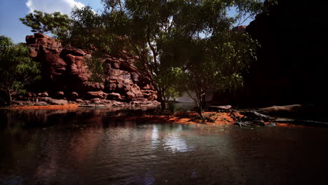 the colorado river cutting through red sandstone canyons