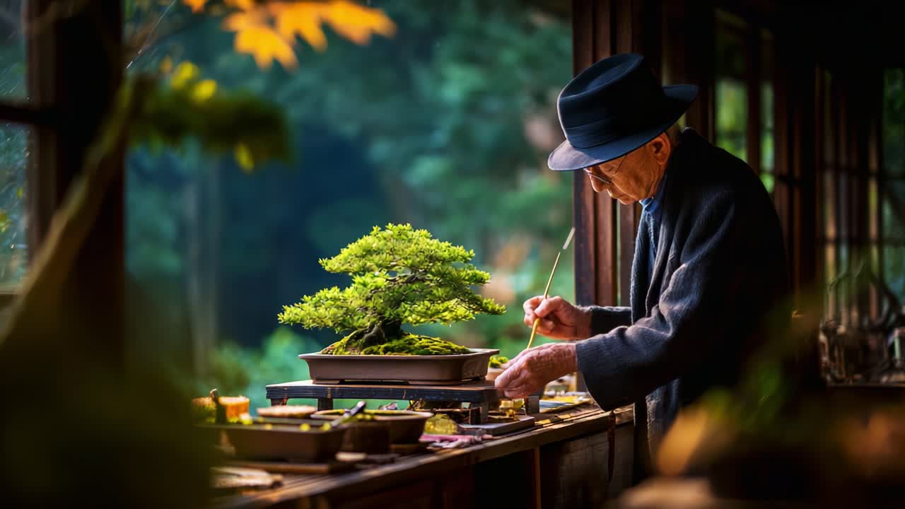 An elderly person carefully tends to a beautifully crafted bonsai tree, showcasing the intricate art of bonsai cultivation in a serene, natural environment filled with soft, warm light