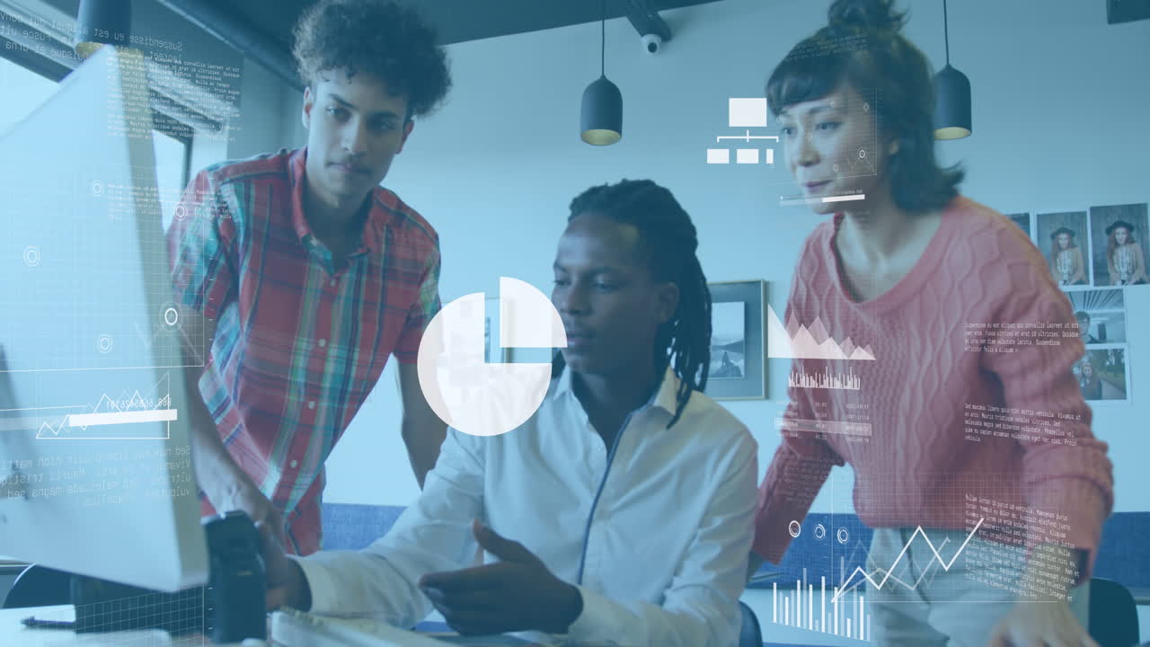 Animation of multiple icons over diverse coworkers discussing on desk in office