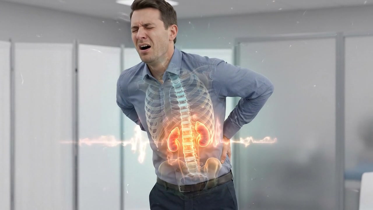 Man holding lower back with glowing digestive organs visible through torso