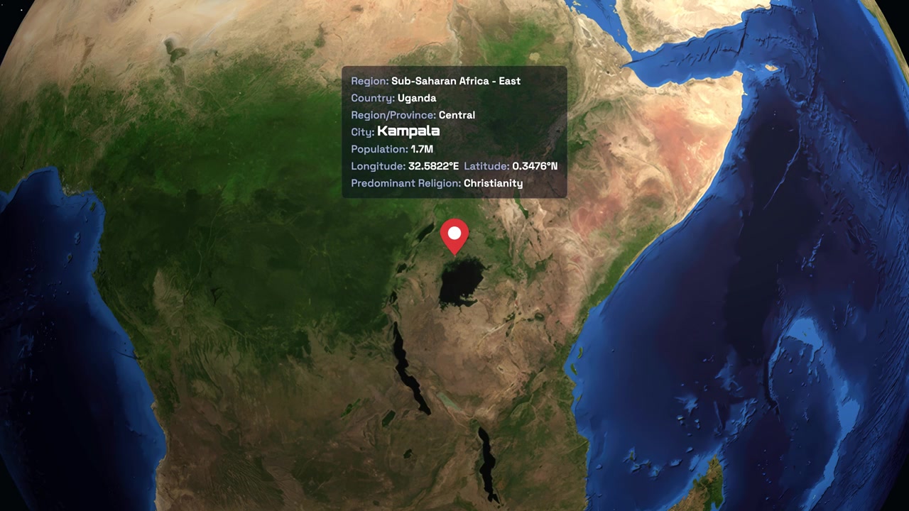 Digital globe rotates and zooms from space into East Africa, highlighting Kampala with data