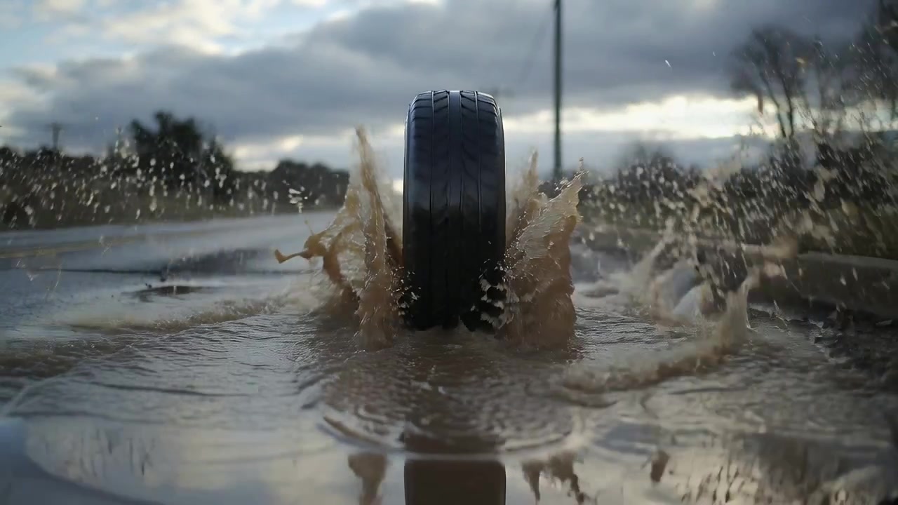 Rolling upright tire moving on wet road, contacting muddy puddle and flinging droplets