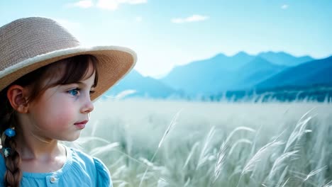 a little girl in a straw hat standing in a field of wheat