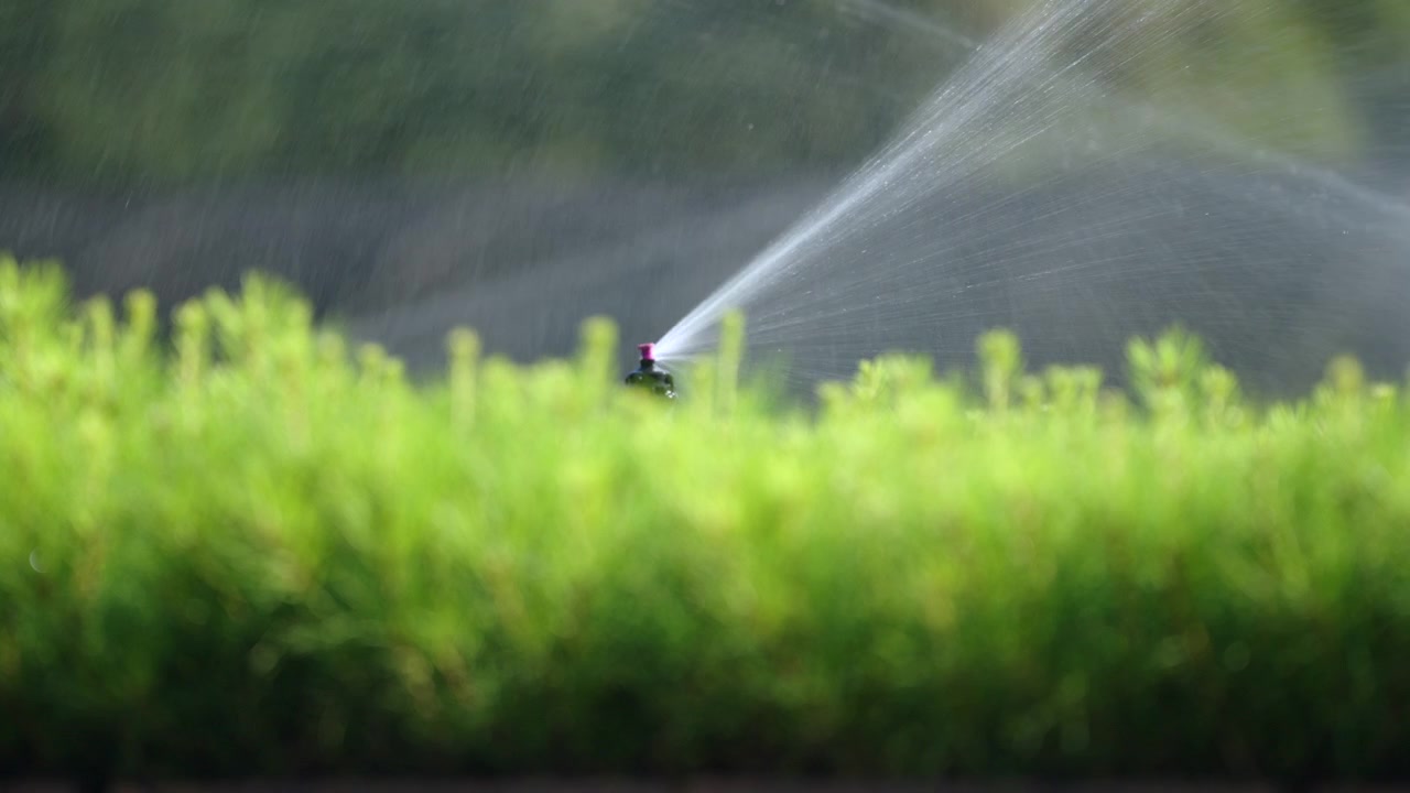 Primo piano di un sistema di irrigazione a pioggia rotante che irriga un campo agricolo.