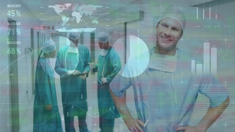 Animation-of-statistical-data-processing-over-portrait-of-caucasian-male-surgeon-smiling-at-hospital