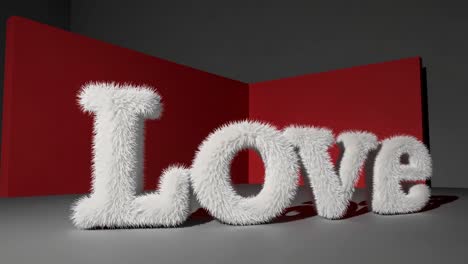 fluffy white love sign on red background