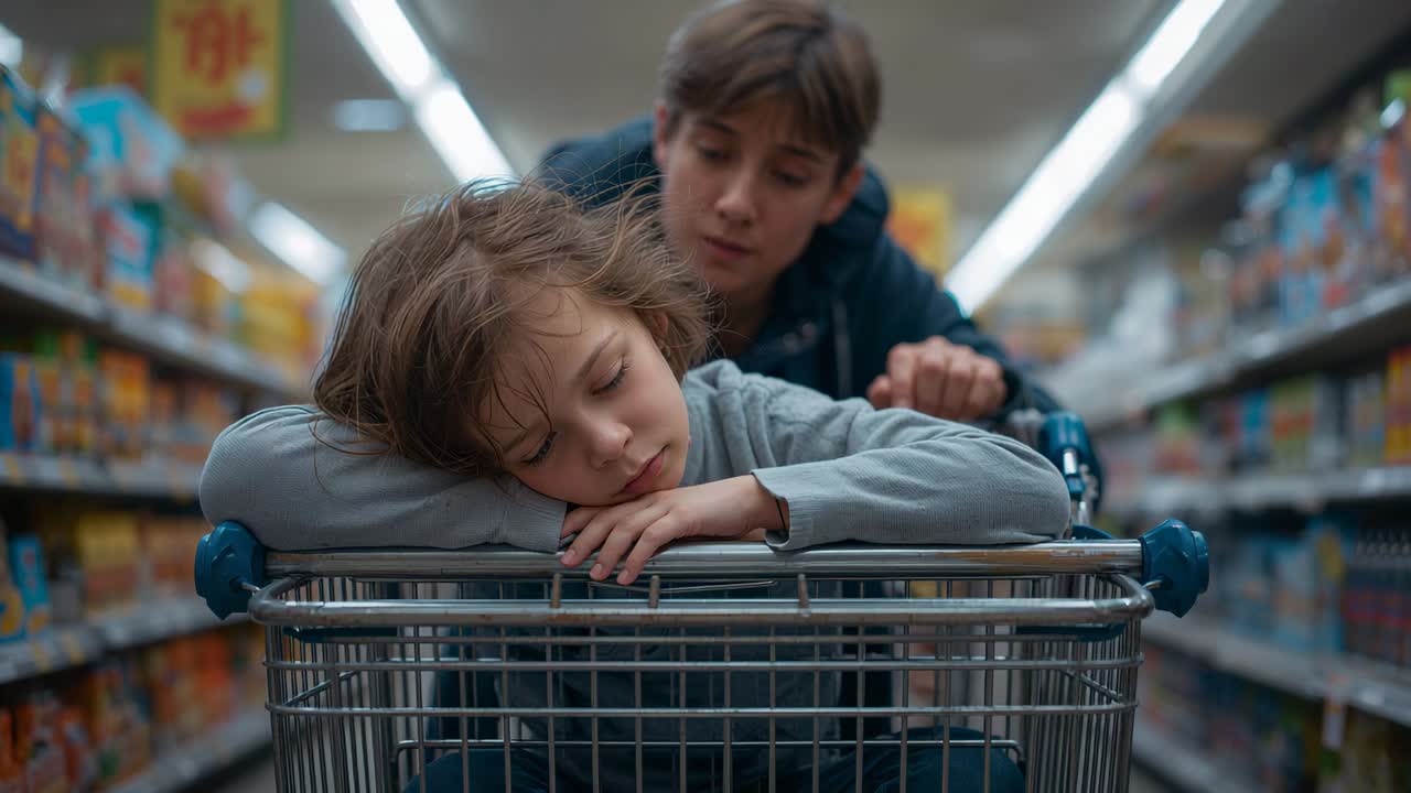 Starting push, teen in dark hoodie guiding cart down store aisle, allowing younger child to rest
