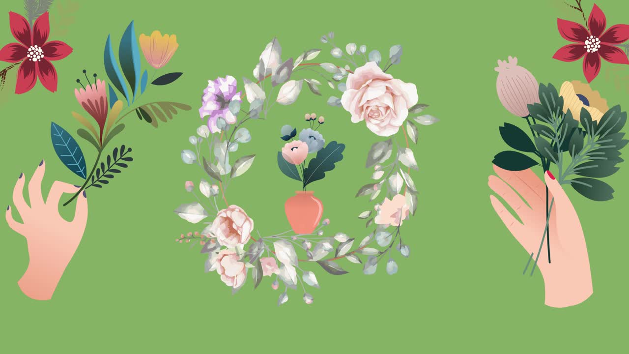 초록색 배경에 잎과 꽃을 들고 있는 손으로 회전하는 꽃줄기의 애니메이션