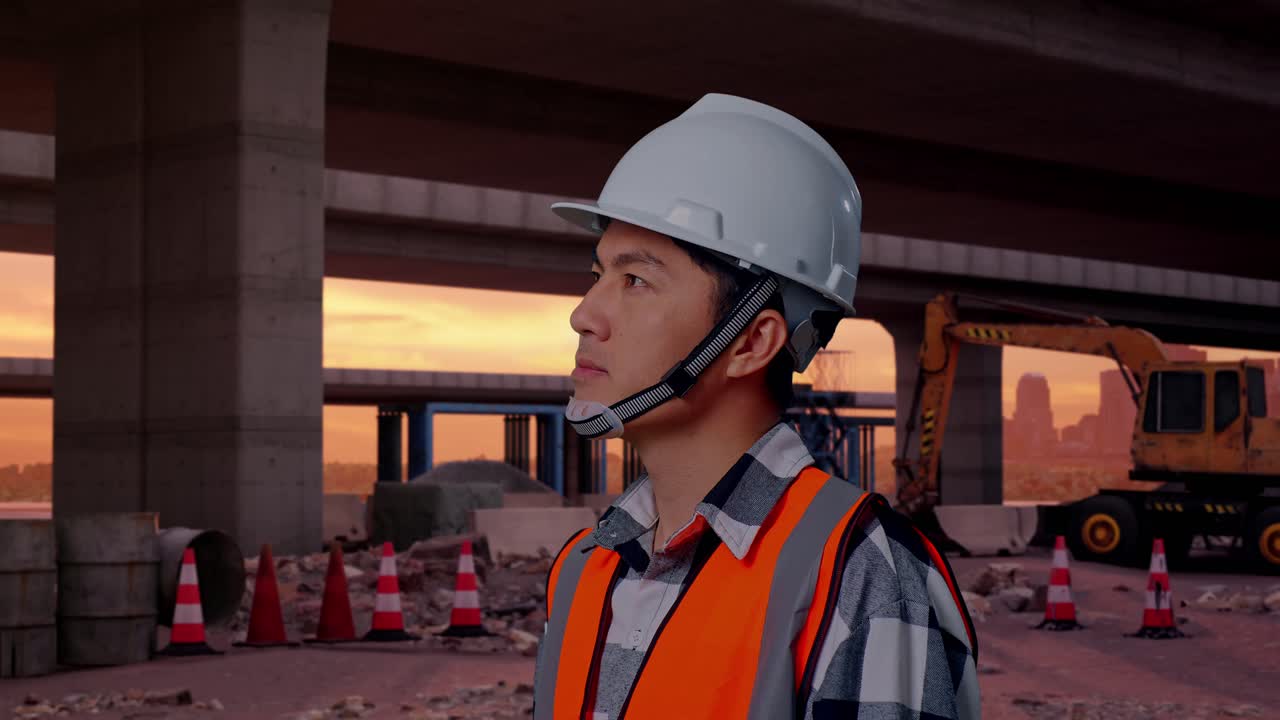 Inquadratura laterale ravvicinata di un ingegnere asiatico con casco di sicurezza che si guarda intorno mentre si trova nel sito di costruzione di un'autostrada