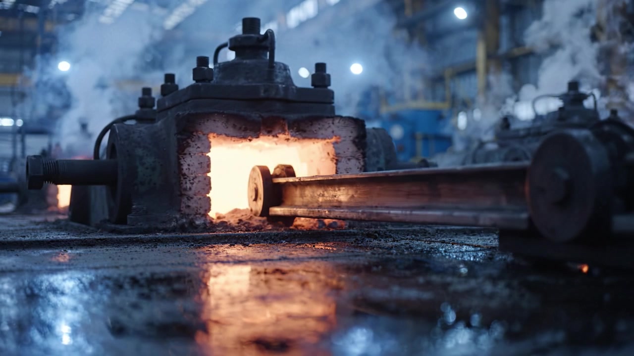 Processo industriale di fusione del metallo che mostra metallo fuso che scorre da macchinari in un ambiente di fabbrica con fumo atmosferico e riflessi sul pavimento.
