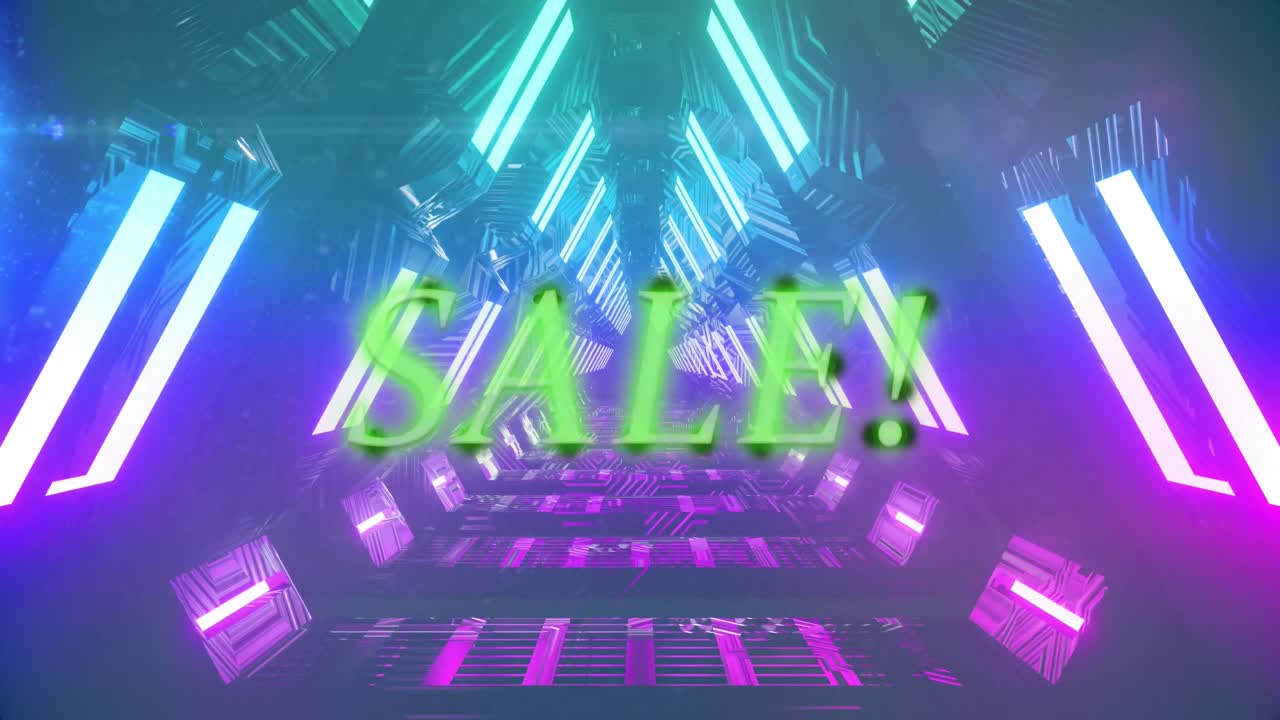 animación del texto de venta en letras de neón verde sobre un túnel de neón brillante