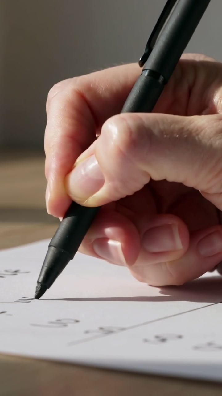 Vertical video: Lowering poised black pen tip, right hand making short strokes on white paper