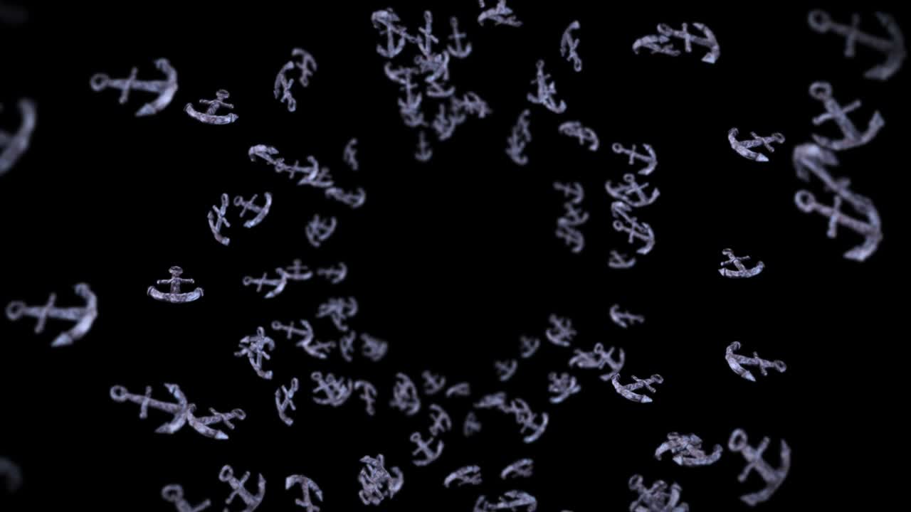 흑색 바탕에 많은 커를 날리는 배와 보트 커, 해양 아이콘, 커 회전의 3d 루프 애니메이션.