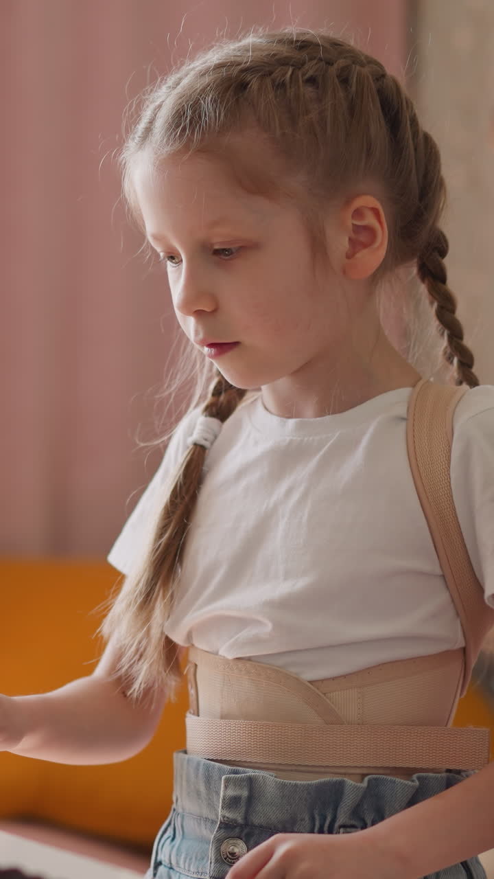 Elder sister with plaits shows piano chords to little brother and asks to repeat at home. Toddler boy learns to play music with schoolgirl in living room