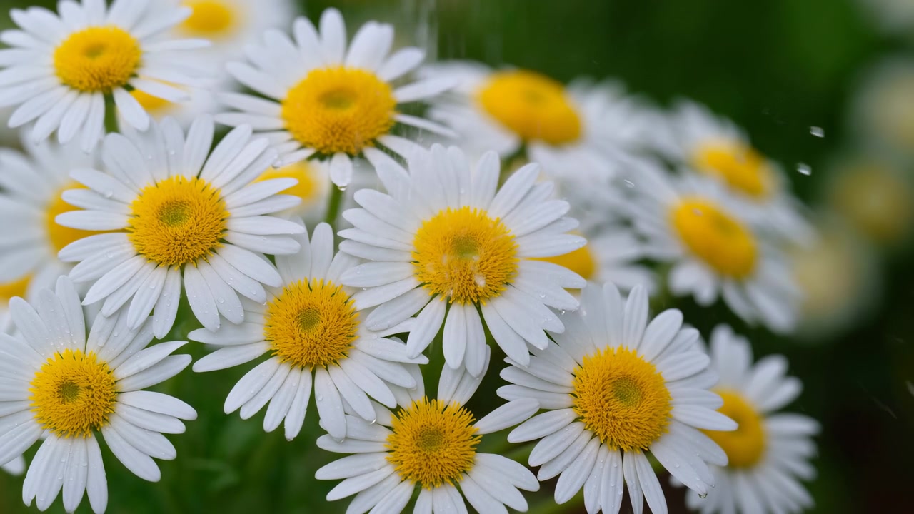 Clustered white daisies with bright yellow centers shown at flower level under soft daylight, with petals touched by falling droplets and fine mist, creating fresh texture, gentle contrast, and calm