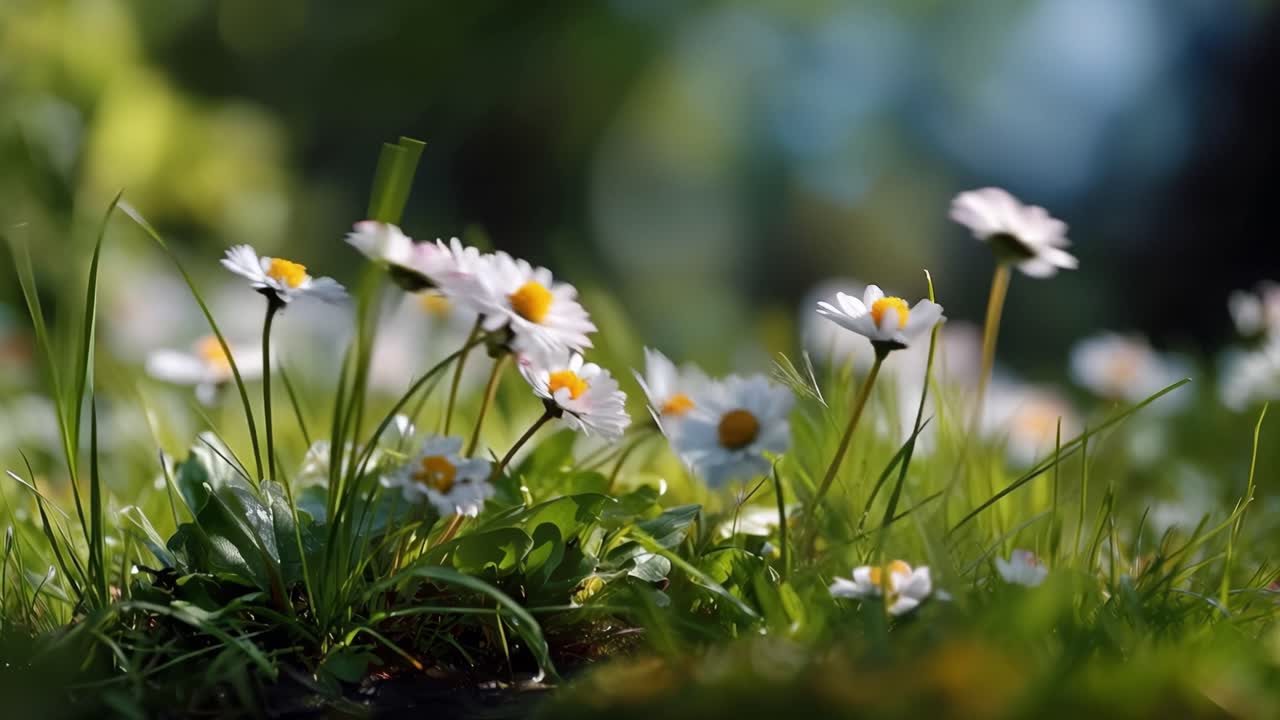 Soft sunlight bathes delicate daisies in grassy field. White petals contrast with golden centers and vibrant green blades. Shallow depth of field blurs background into gentle bokeh