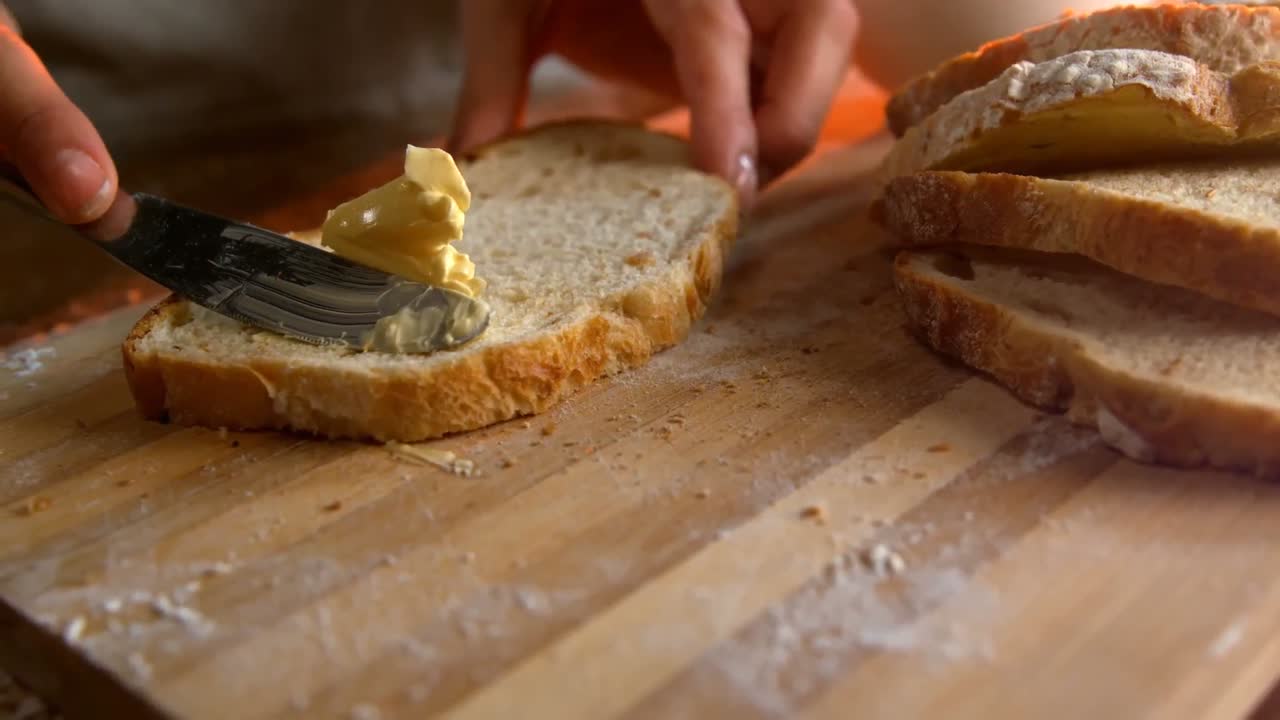 Woman applying butter on bread 4k