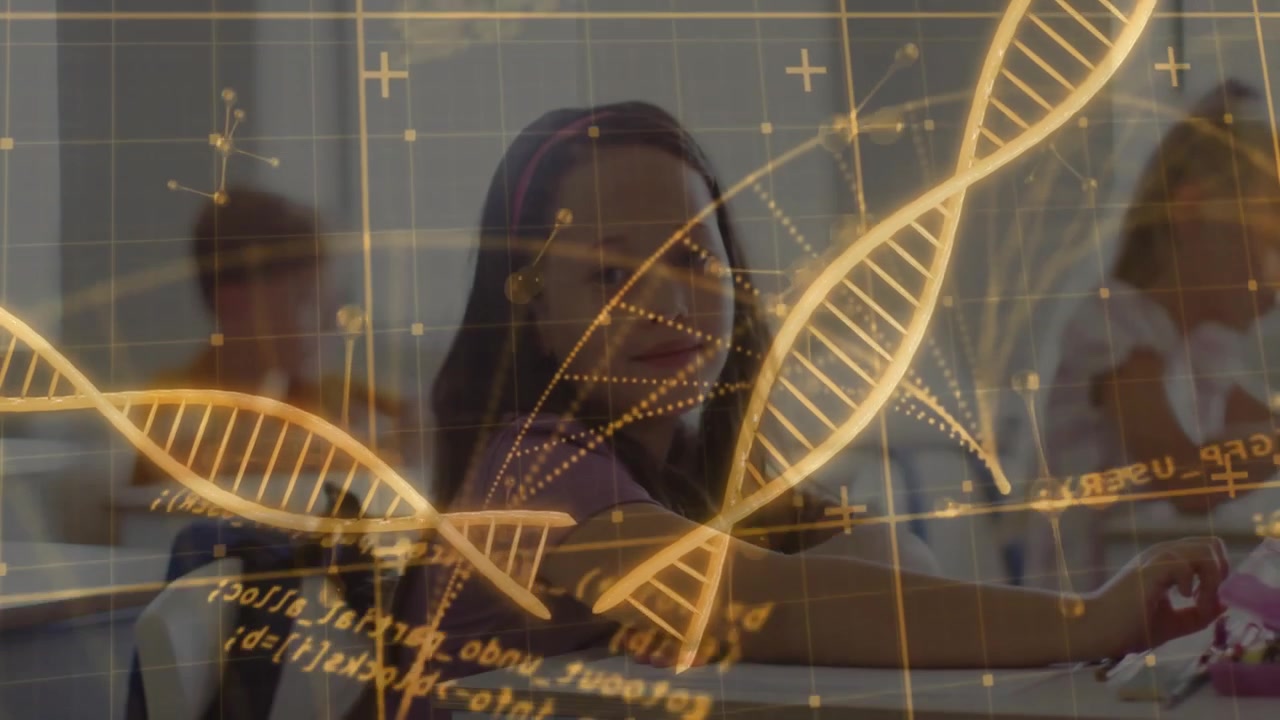 female student gazing camera, classmates taking notes with DNA hologram overlay for education