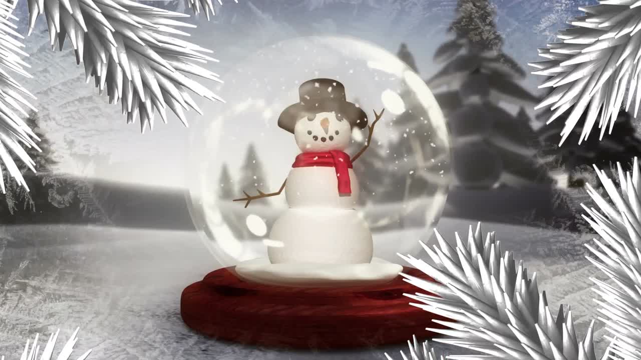 animación del globo de nieve de navidad con el muñeco de nieve sobre paisajes de invierno y ramas de abeto blanco