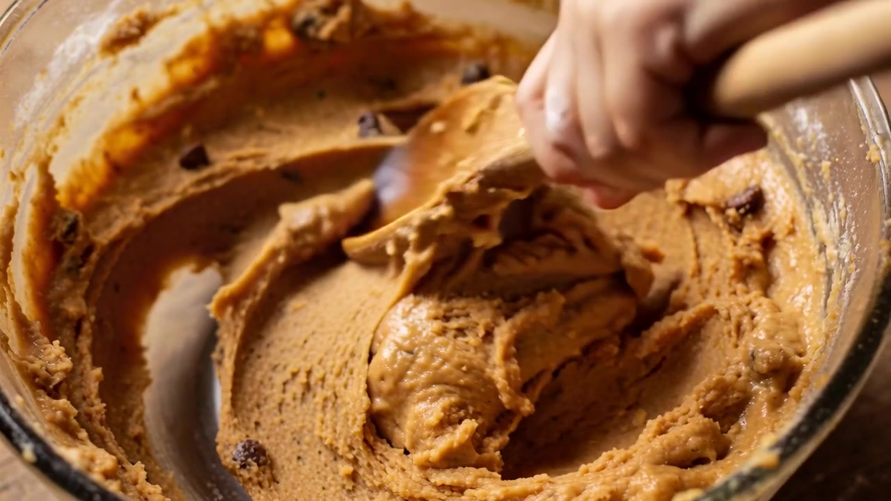 Gripping wooden spoon, hand scooping and checking dough for baking in glass bowl on wood counter