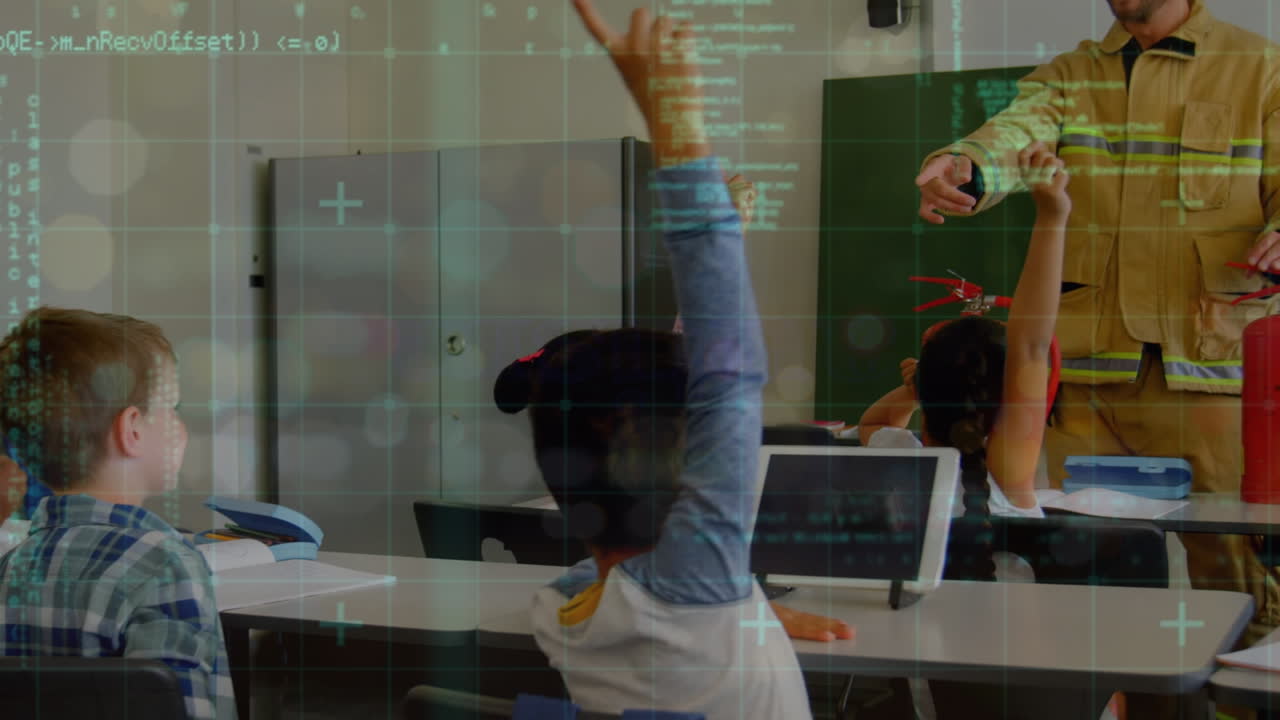 백인 소방관과 함께 다양한 어린이 그룹에 대한 데이터 처리 애니메이션