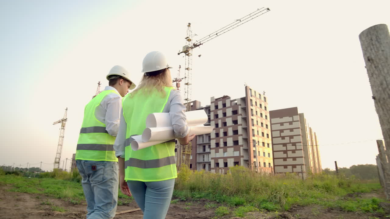 ingeniero e inspector en el sitio de construcción revisando planos de oficina y dibujos técnicos caminando y discutiendo.