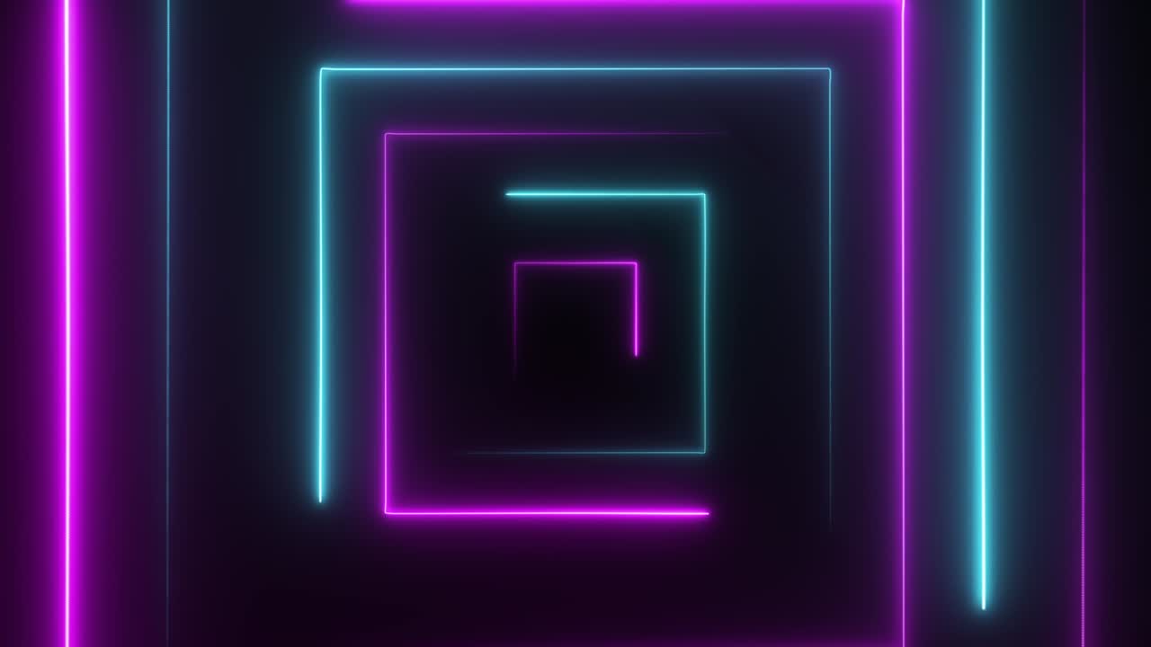 Quadrato neon astratto in loop continuo. Sfondo animato hi-tech con quadrato neon blu e viola in loop continuo. Animazione video 3D.