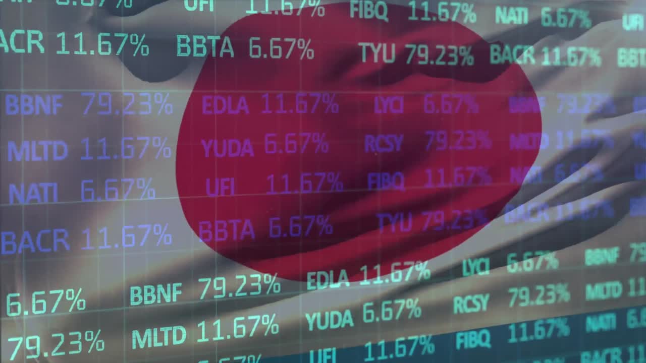 Animation of financial data processing over flag of japan