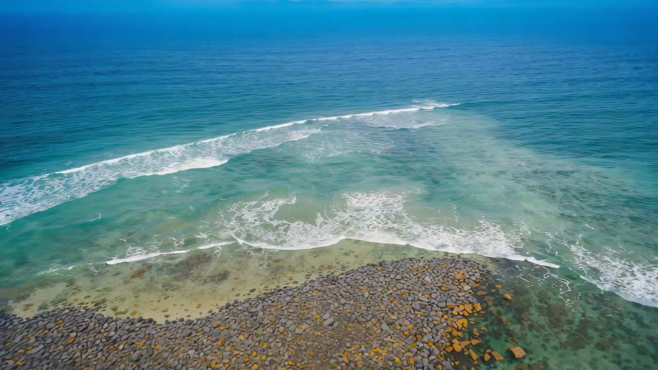 Approaching swell cresting over rocky reef in aerial coastal view, washing white foam across stones