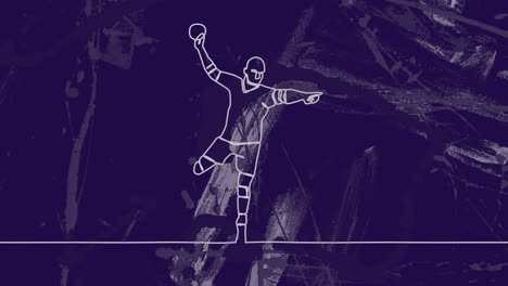 animación de dibujo de un jugador de balonmano masculino lanzando una pelota y formas en fondo azul