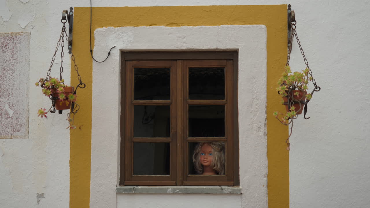 ventana con flores y una muñeca espeluznante