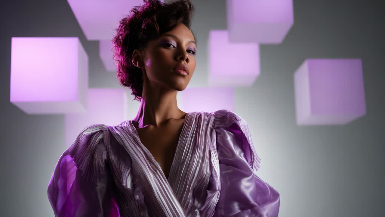 A stunning portrait of a fashionable model exuding confidence, showcasing an artistic blend of soft light and bold colors, wearing a dramatic iridescent outfit against an innovative geometric backdrop