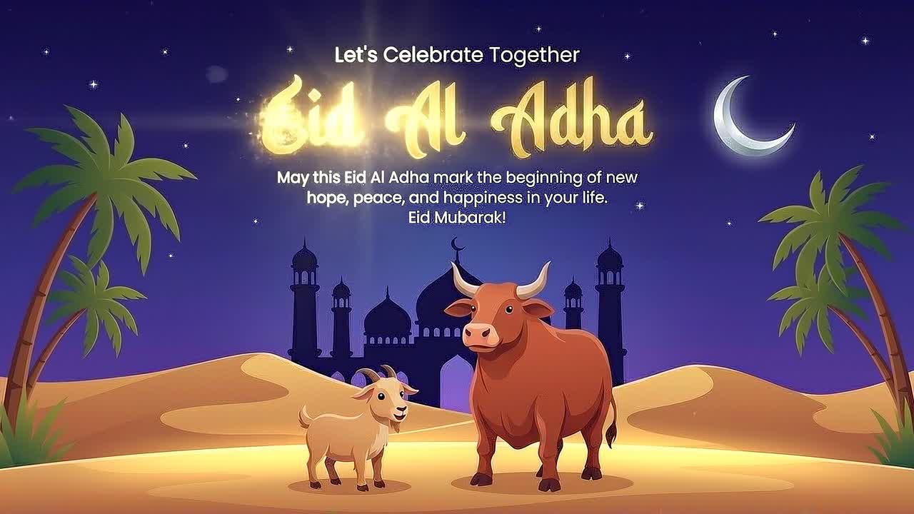 Eid Al Adha desert celebration animation banner with cow goat mosque silhouette palm trees and crescent moon
